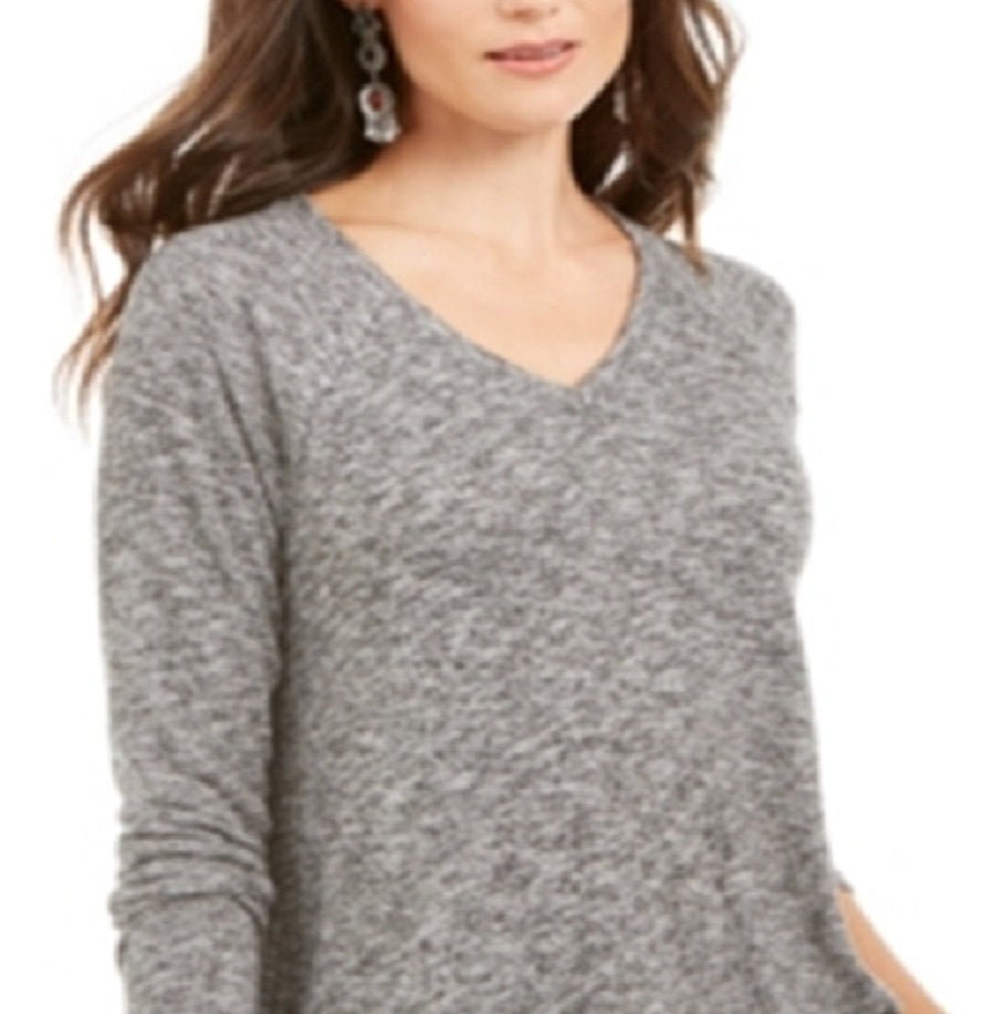 Blusa feminina de malha mesclada com decote em V, cinza, tamanho X-S