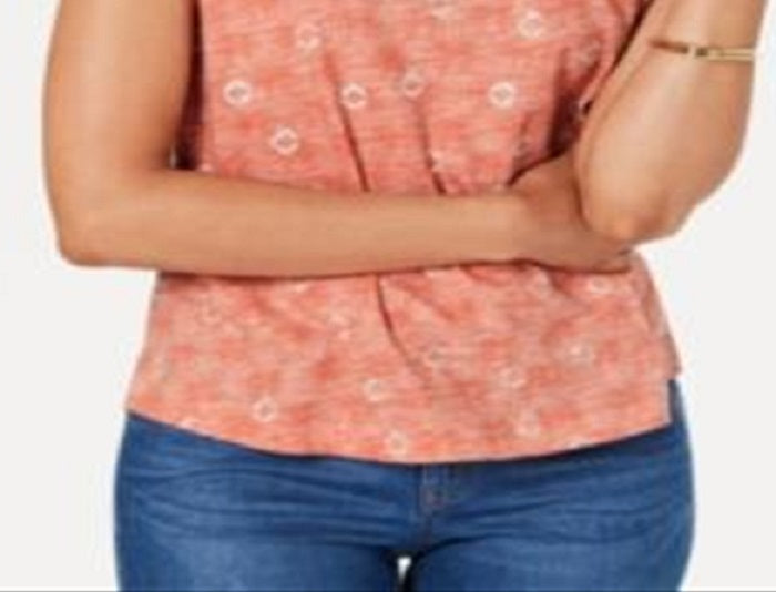 Camiseta feminina de algodão estampada com decote em V, tamanho pequeno, laranja, estilo &amp; co