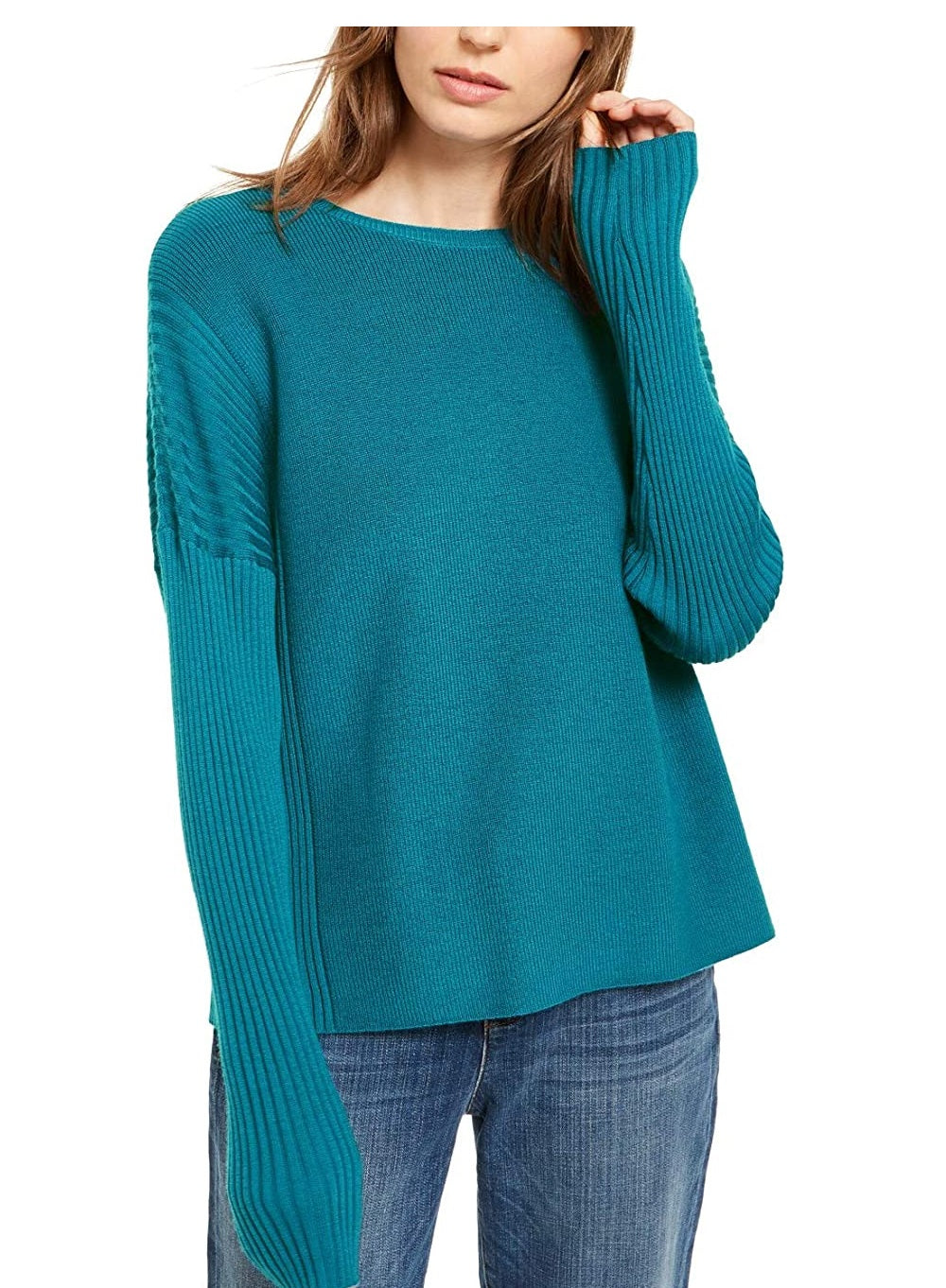 Suéter feminino Eileen Fisher de lã merino com gola redonda, verde, tamanho XX-S