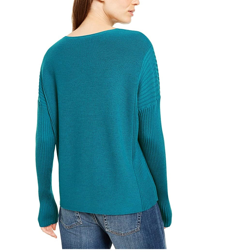 Suéter feminino Eileen Fisher de lã merino com gola redonda, verde, tamanho XX-S