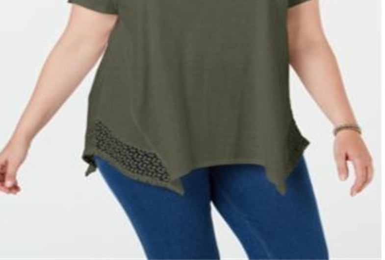 Camiseta feminina assimétrica com acabamento em crochê estilo &amp; co, verde, tamanho 2X