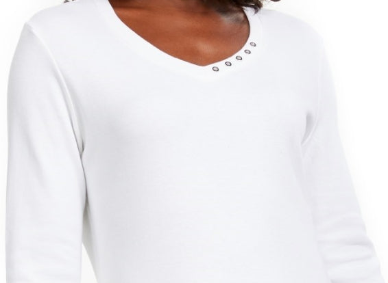 Blusa de algodão com decote ilhós Karen Scott feminina - Branco brilhante, tamanho X-S