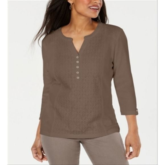 Karen Scott Plus Cotton Ilhós Henley Top - Marrom - Tamanho 2XL
