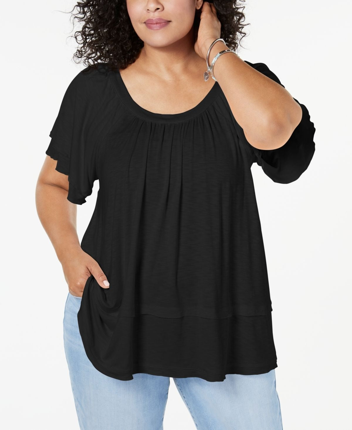 Blusa estilo &amp; co plus com mangas bufantes e bainha oscilante, água doce, preta, tamanho XS