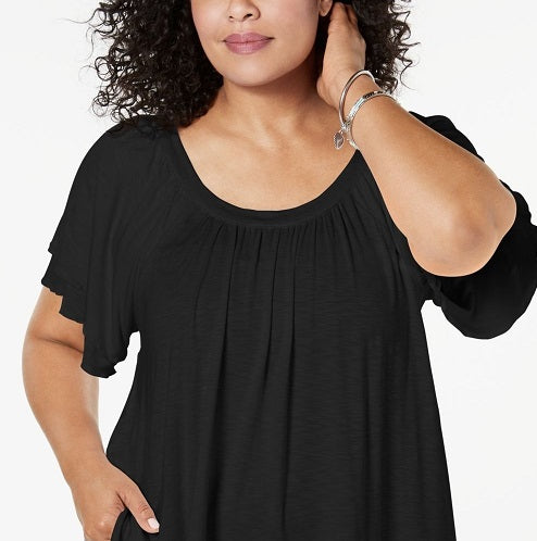 Blusa estilo &amp; co plus com mangas bufantes e bainha oscilante, água doce, preta, tamanho XS