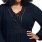 Blusas femininas Seven7 Caviar Semisheer Accent Lace Up Manga Longa Top Preto Tamanho 1X