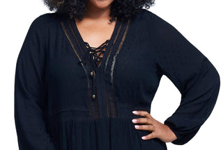 Blusas femininas Seven7 Caviar Semisheer Accent Lace Up Manga Longa Top Preto Tamanho 1X