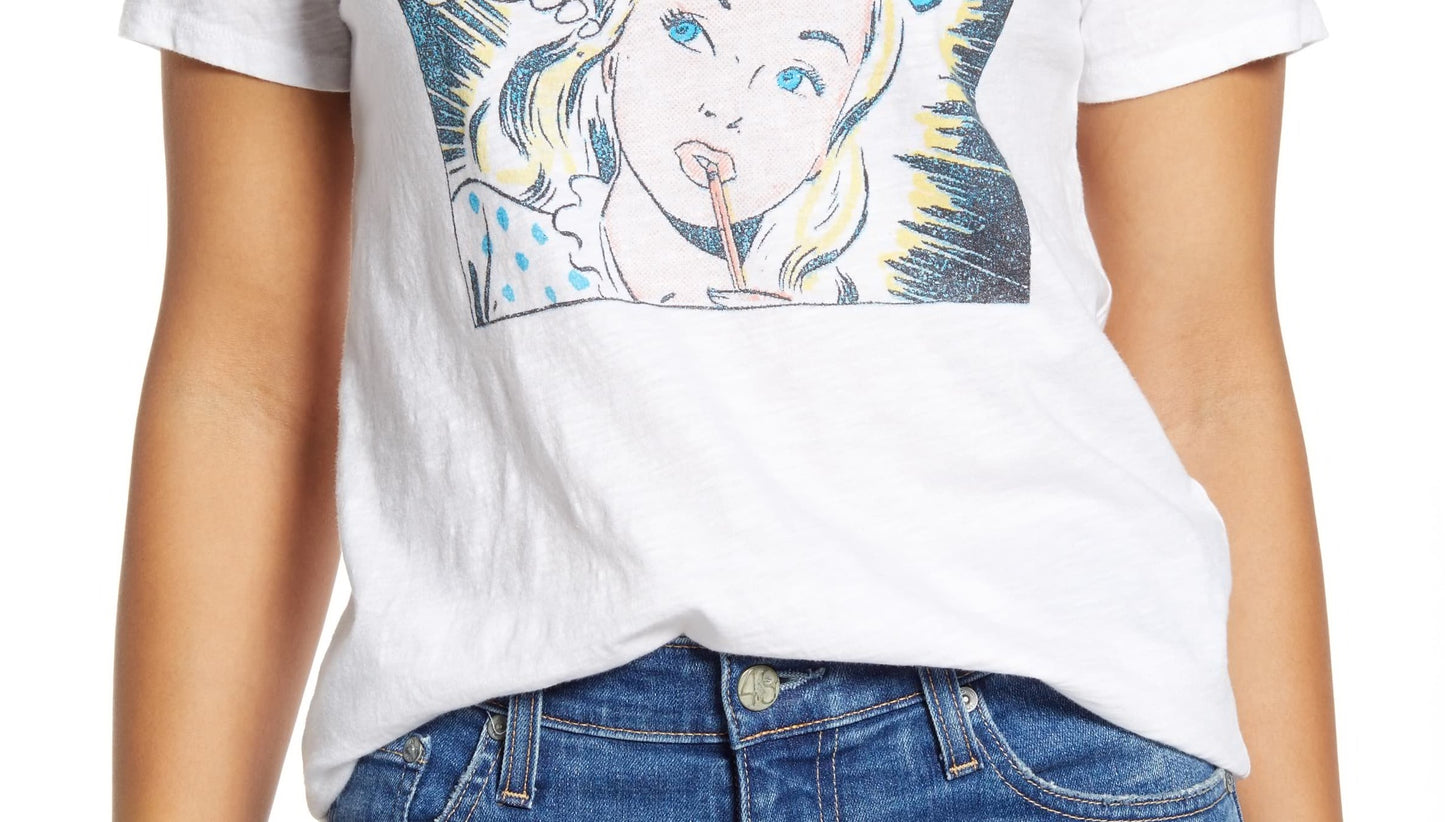 Camiseta feminina com estampa de quadrinhos Lucky Brand, tamanho grande, branca
