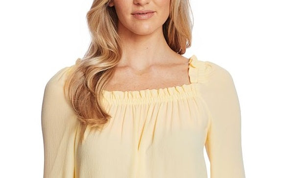Top CeCe Feminino com Gola Franzida e Manga Amarrada, Amarelo, Tamanho Pequeno