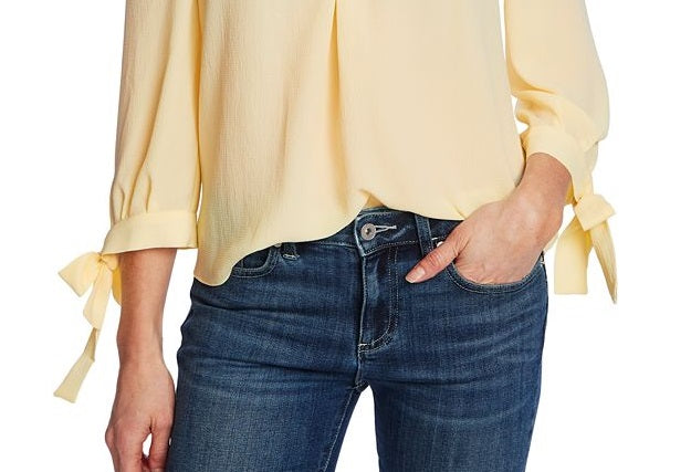 Top CeCe Feminino com Gola Franzida e Manga Amarrada, Amarelo, Tamanho Pequeno