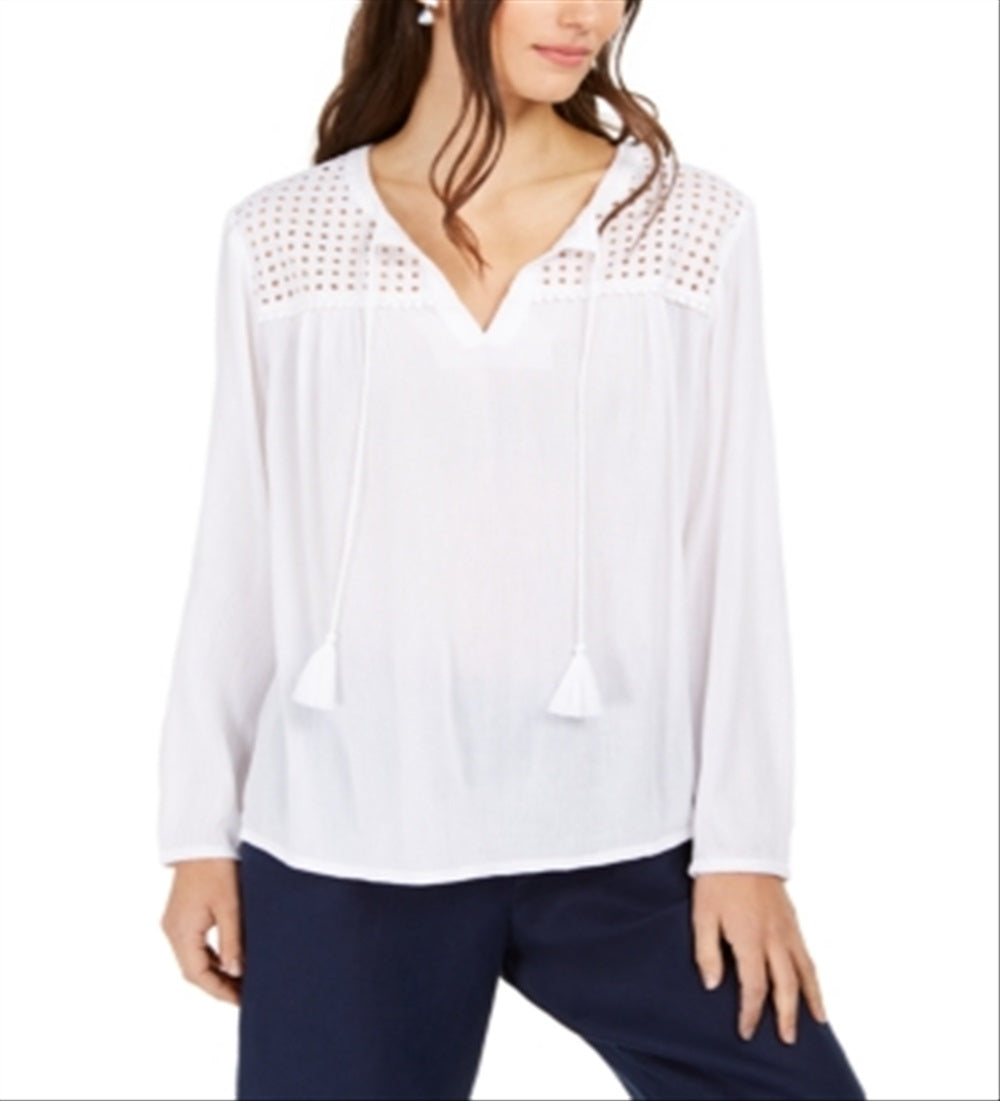 Charter Club Blusa de linho feminina com ilhós e borlas, tamanho XXG