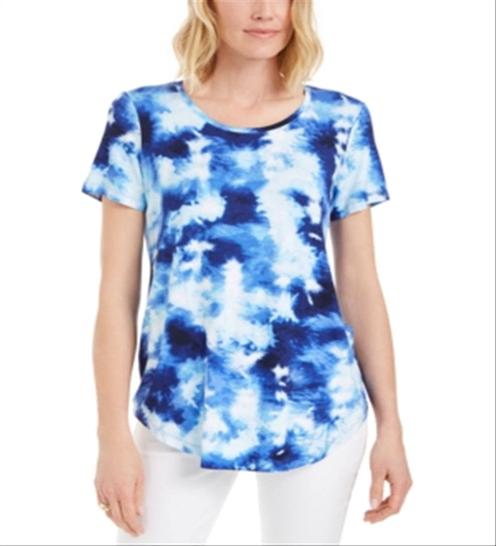 Camiseta feminina estampada com decote redondo e manga curta JM Collection, tamanho médio, azul