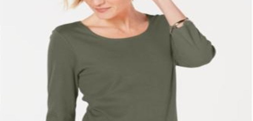 Karen Scott Blusa de algodão feminina com decote redondo, verde, tamanho pequeno e pequeno