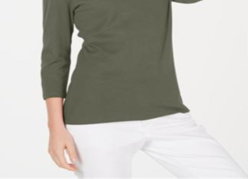Karen Scott Blusa de algodão feminina com decote redondo, verde, tamanho pequeno e pequeno