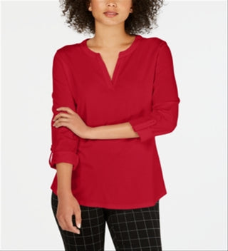 Charter Club Supima Cotton Top Feminino com Gola Dividida, Vermelho, Tamanho Médio