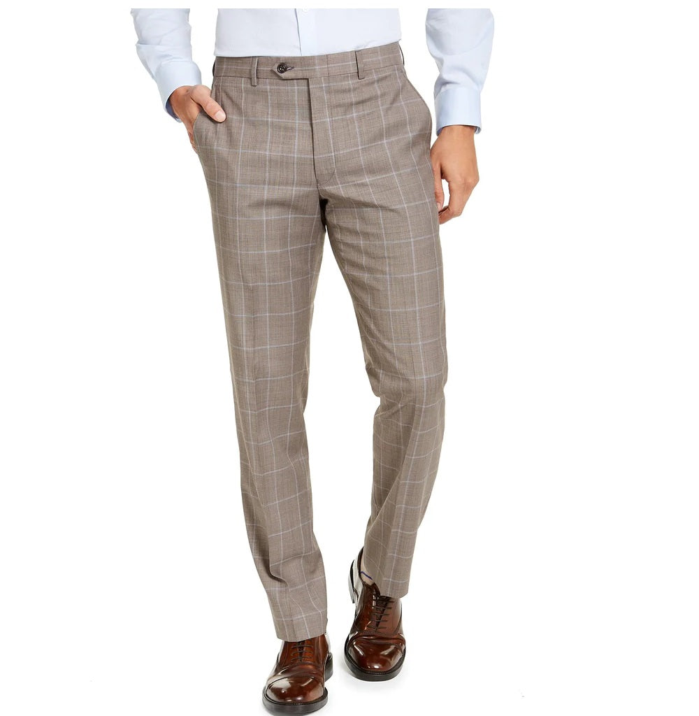 Calça de terno masculina Michael Kors Classic-Fit Airsoft Stretch Birdseye Windowpane, marrom, tamanho 36x32