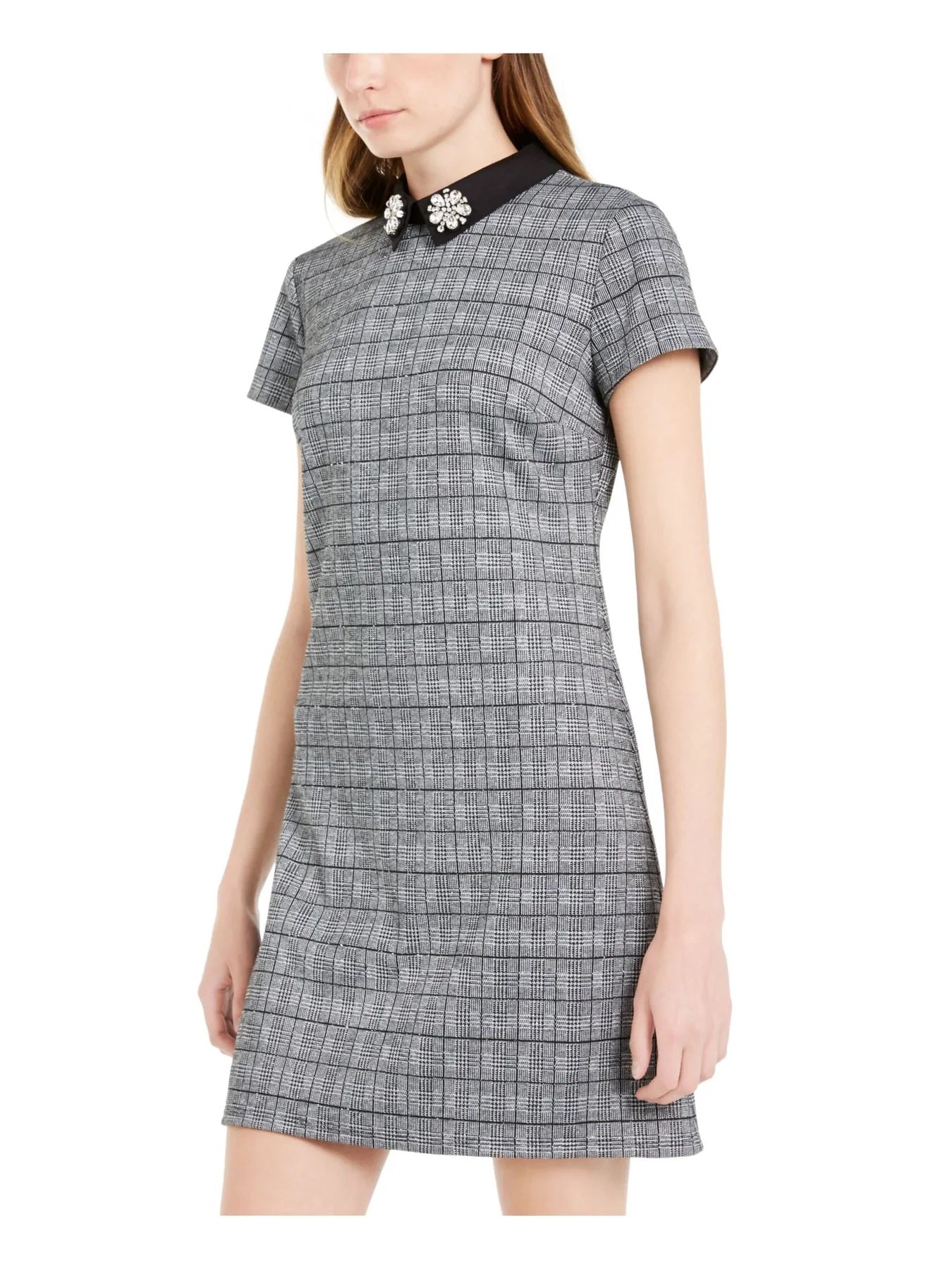 Vestido curto de festa feminino Maison Jules com zíper metálico e strass, manga curta e gola, preto, tamanho pequeno
