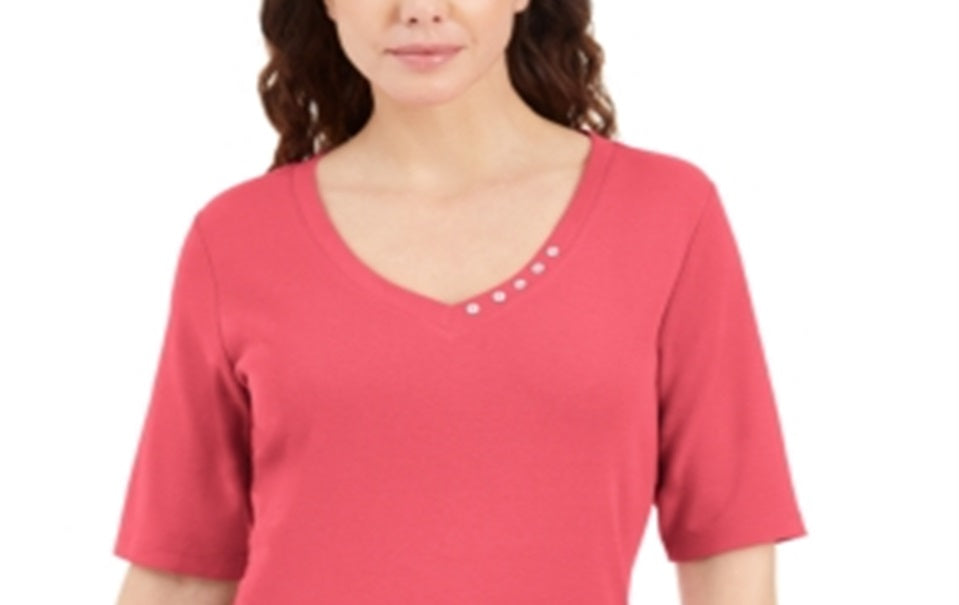 Camiseta feminina Karen Scott com decote em V coral, laranja, tamanho pequeno