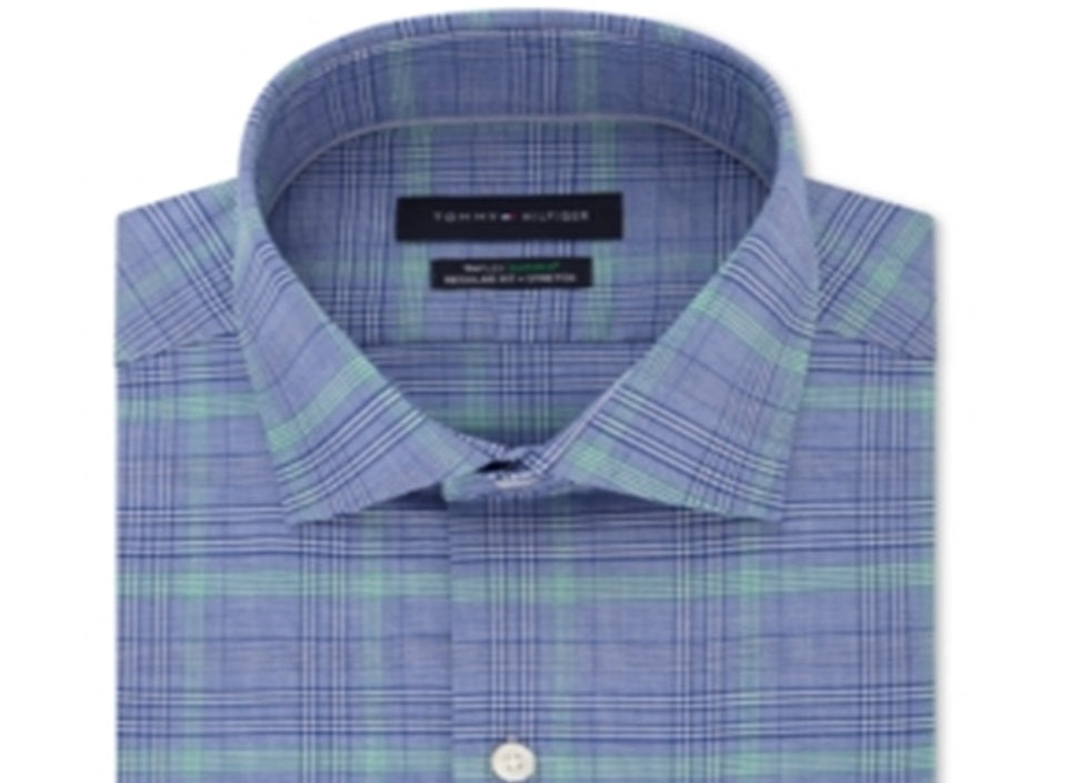 Camisa social masculina Tommy Hilfiger Classic Regular Fit, sem passar a ferro, THFlex Supima Performance Stretch, azul xadrez, tamanho 16X34-35