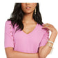 Blusa feminina Thalia Sodi com detalhe de botão, manga curta, gola V, rosa, tamanho extragrande