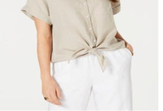 Camisa feminina Charter Club de linho com botões frontais e amarração, tamanho médio, marrom