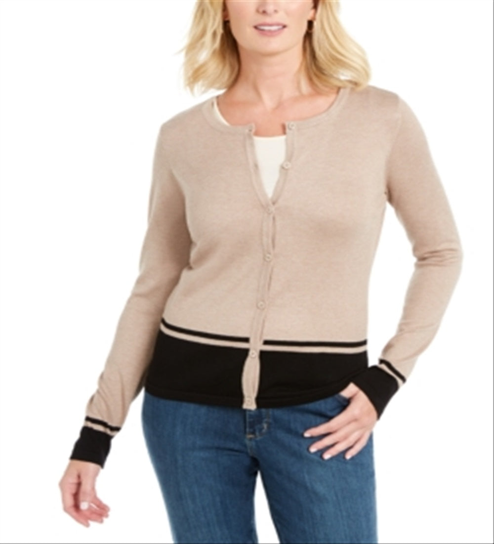 Karen Scott Cardigan Feminino Colorblocked Hem Marrom Tamanho Pequeno