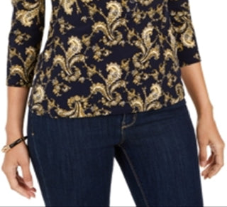 Camisa polo feminina estampada Charter Club com manga 3/4, azul, tamanho XX-G