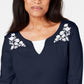 Camiseta feminina Karen Scott estampada com manga 3/4 e gola redonda, blusa de noite azul, tamanho pequeno médio