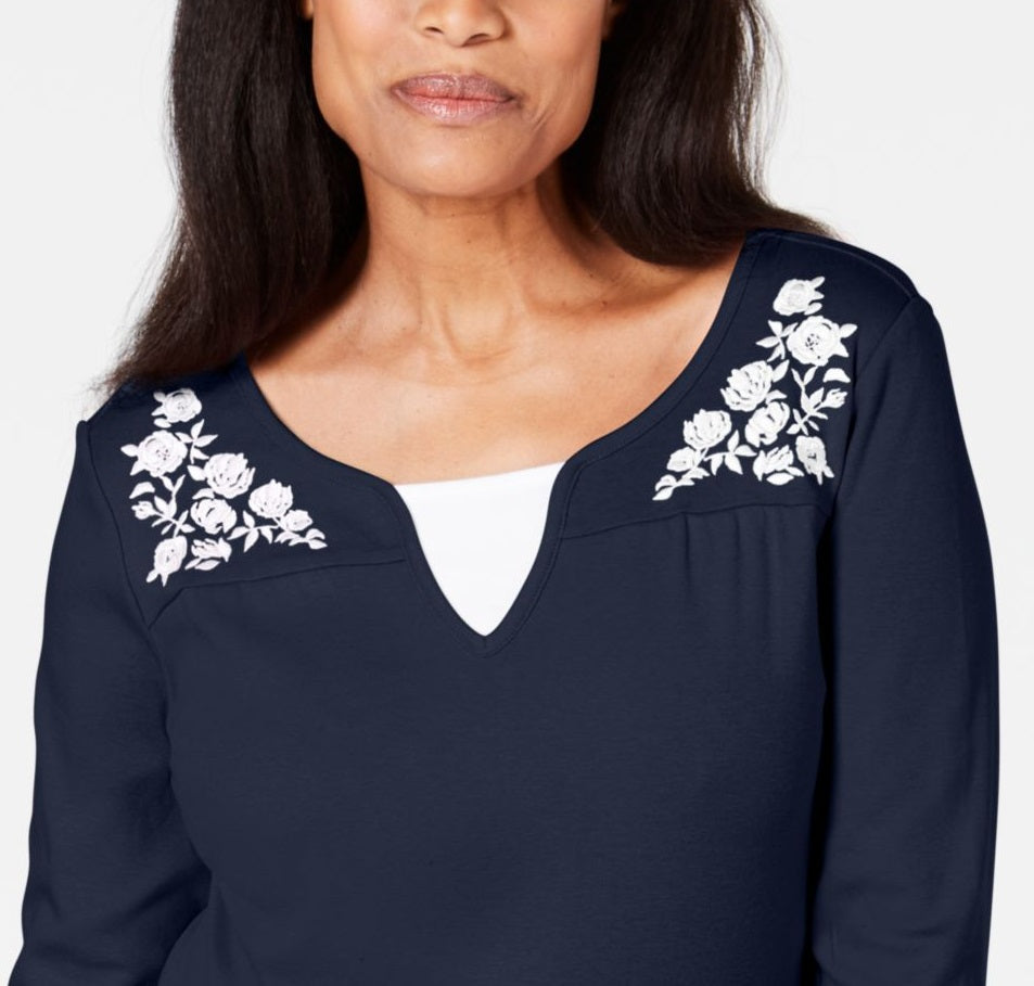 Camiseta feminina Karen Scott estampada com manga 3/4 e gola redonda, blusa de noite azul, tamanho pequeno médio