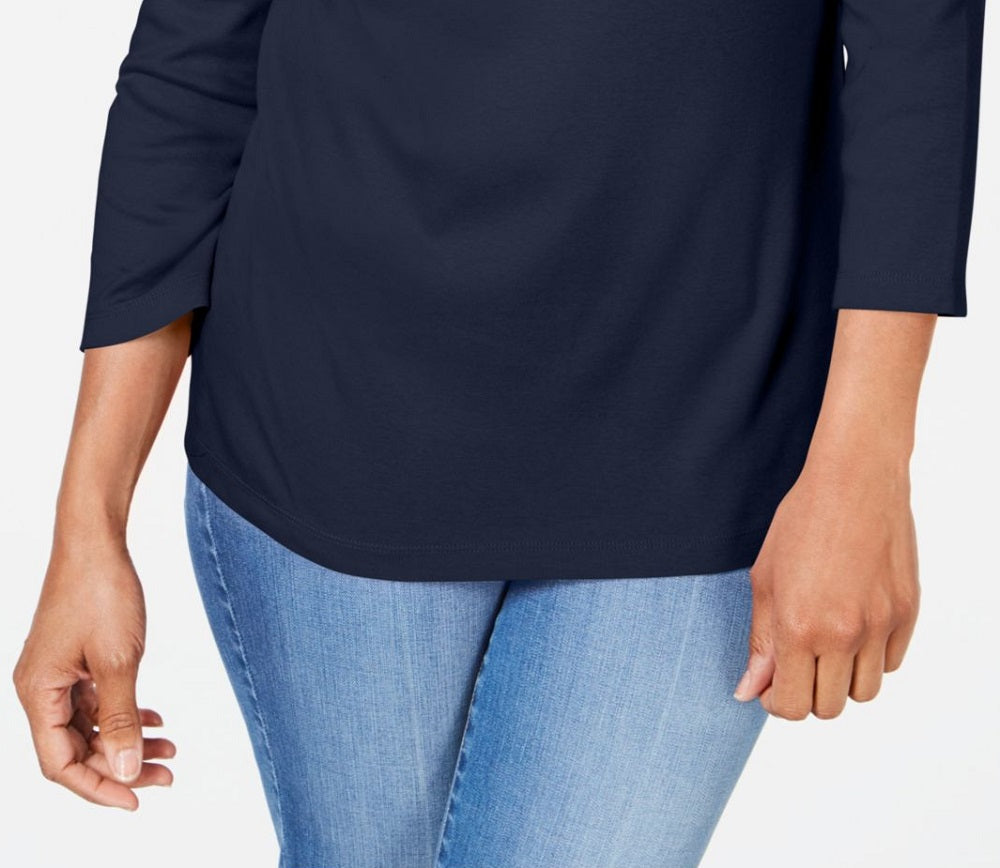 Camiseta feminina Karen Scott estampada com manga 3/4 e gola redonda, blusa de noite azul, tamanho pequeno médio
