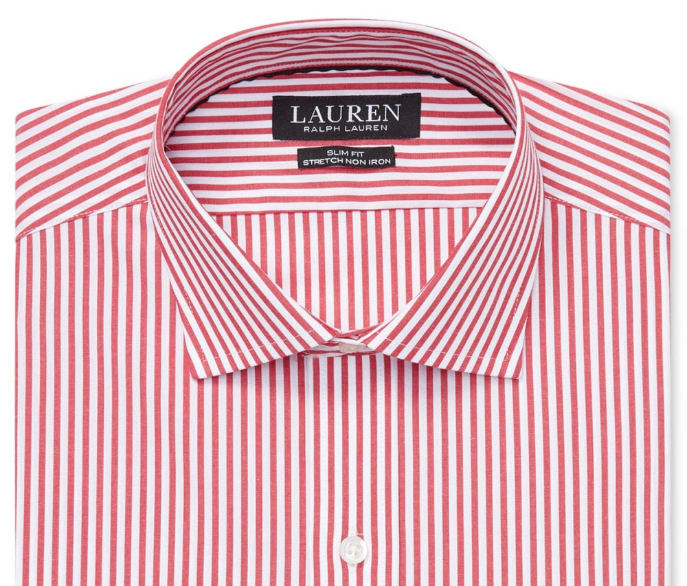 Camisa social masculina Ralph Lauren com gola listrada e ajuste slim, elástica, vermelha, tamanho 34x35