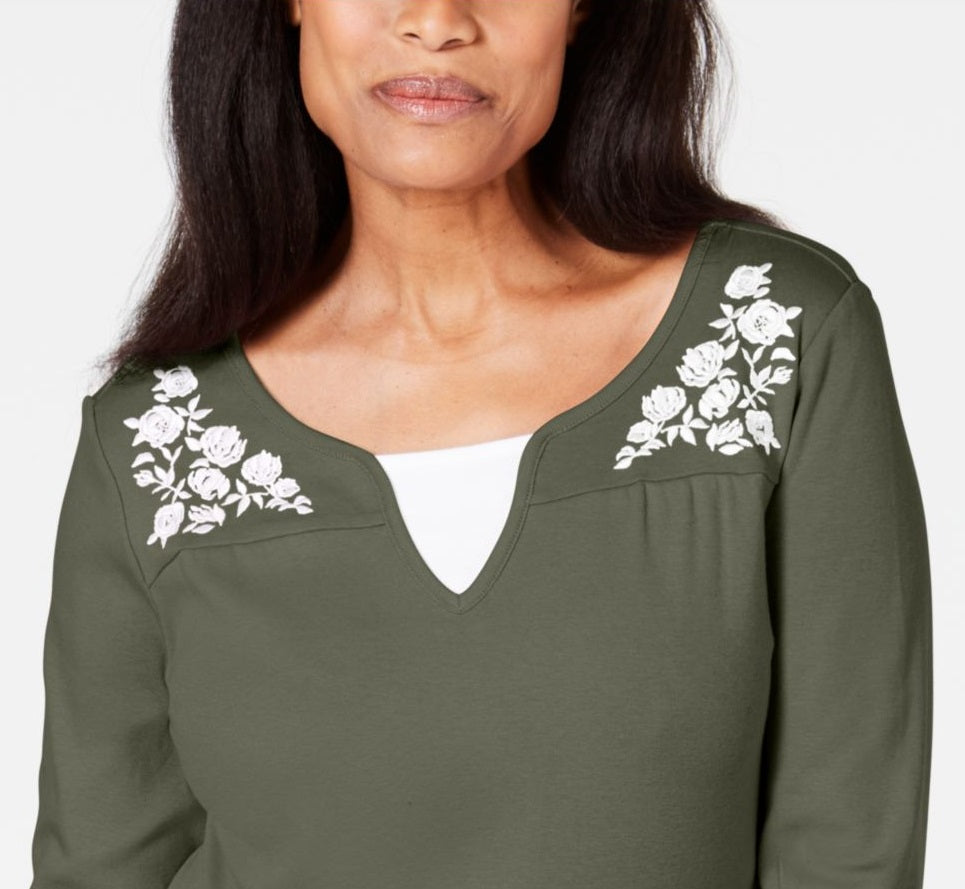 Camiseta feminina Karen Scott estampada com manga 3/4 e gola redonda, blusa de noite, verde, tamanho pequeno grande