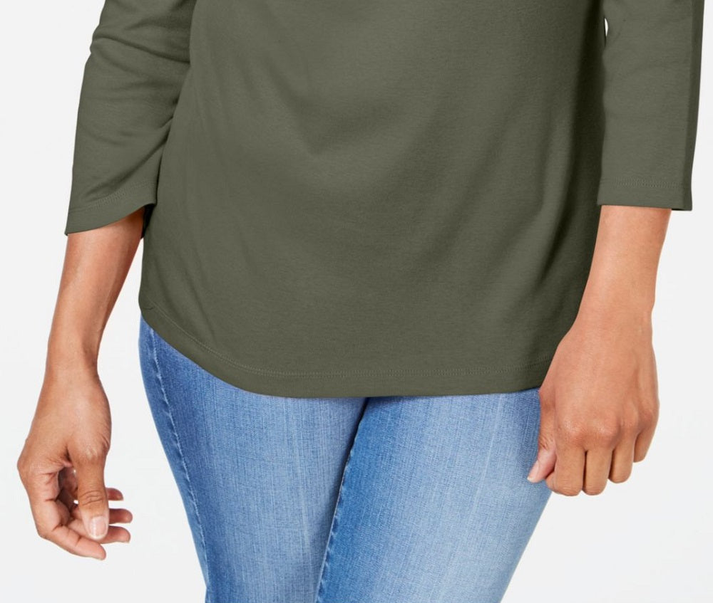 Camiseta feminina Karen Scott estampada com manga 3/4 e gola redonda, blusa de noite, verde, tamanho pequeno grande