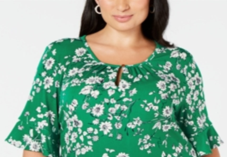 Top feminino estampado com decote em V verde tamanho 0X da Charter Club