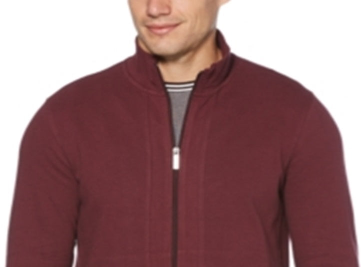 Camisa de manga comprida com zíper completo em malha canelada otomana Perry Ellis masculina, tamanho vinho extragrande