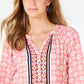 Charter Club Blusa feminina estampada com punho e gola redonda, tamanho médio, rosa