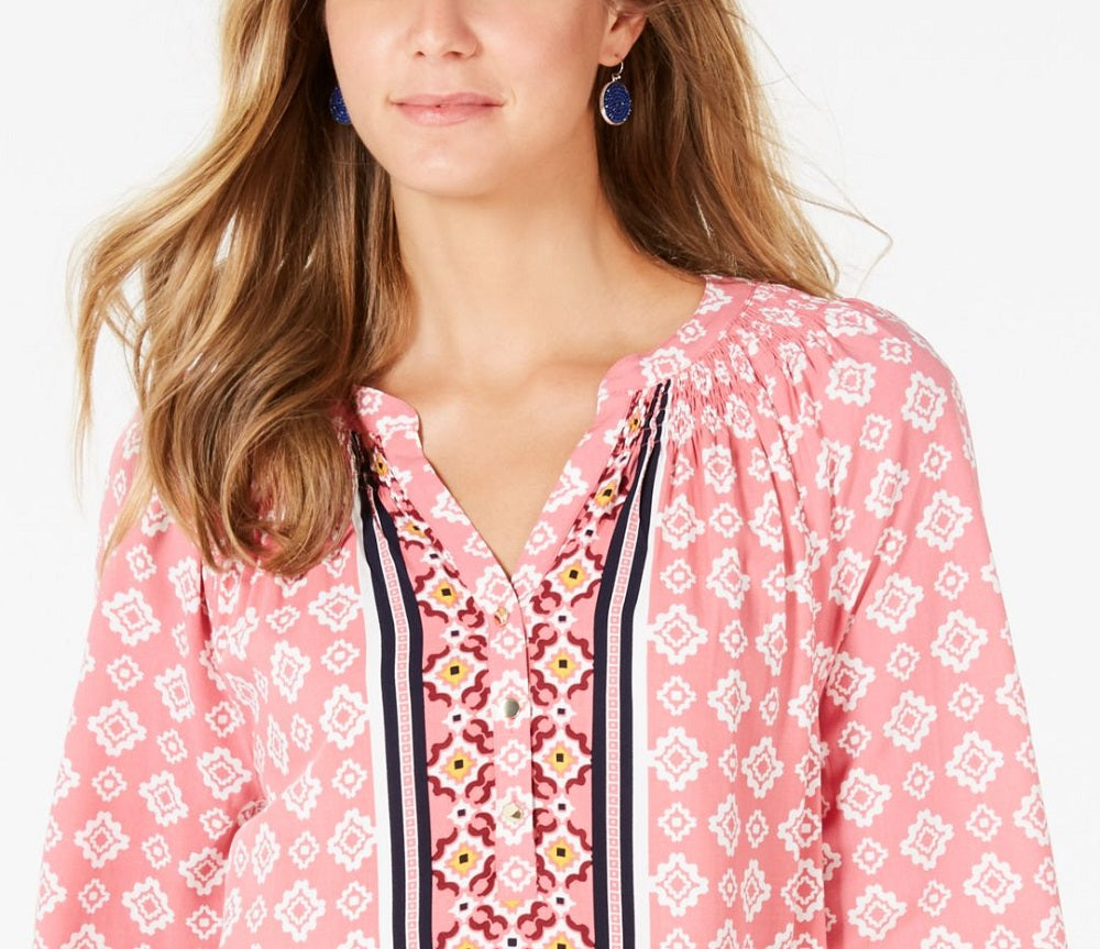 Charter Club Blusa feminina estampada com punho e gola redonda, tamanho médio, rosa