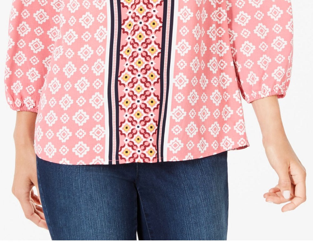 Charter Club Blusa feminina estampada com punho e gola redonda, tamanho médio, rosa