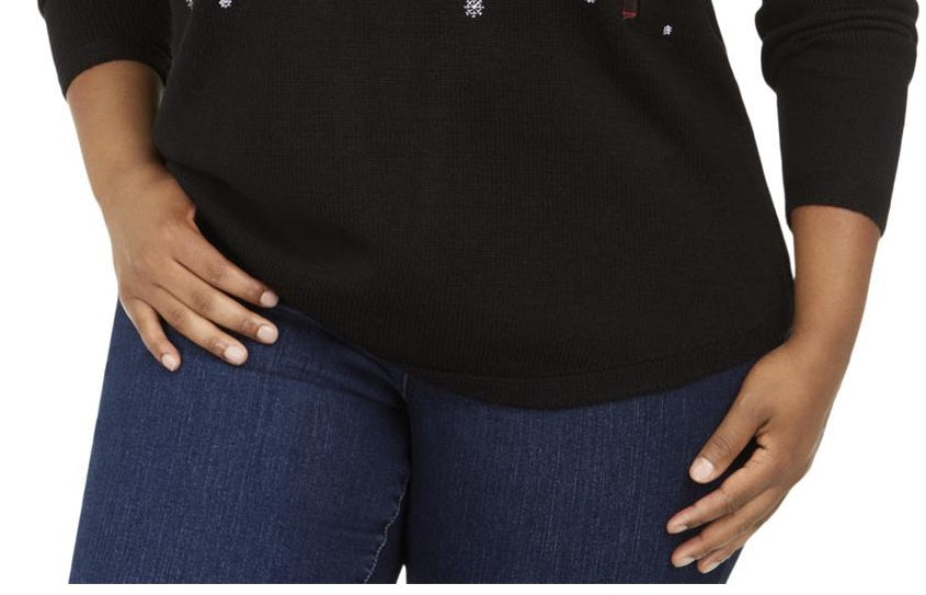 Karen Scott Suéter Feminino Plus Size Gola Redonda Árvore de Natal Preto Tamanho 1X