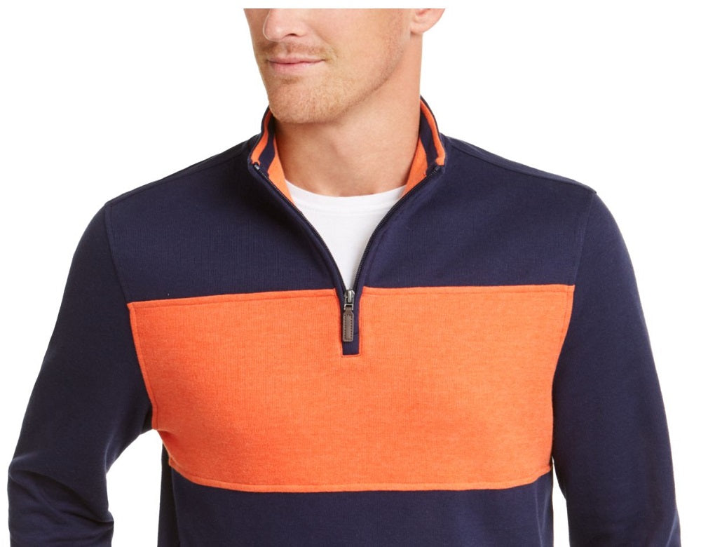 Suéter masculino Club Room com estampa de blocos de cores, ajuste clássico, zíper de um quarto, azul, tamanho médio