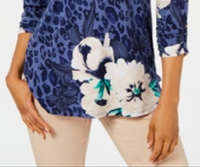 Blusa feminina JM Collection com estampa mista e zíper, azul, tamanho pequeno