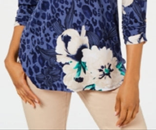 Blusa feminina JM Collection com estampa mista e zíper, azul, tamanho pequeno