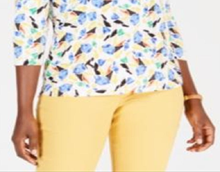 JM Collection Blusa feminina estampada com manga 3/4 em jacquard, branca, tamanho pequeno