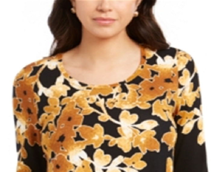 Top estampado feminino com decote redondo e estampa JM Collection, amarelo, tamanho X-S