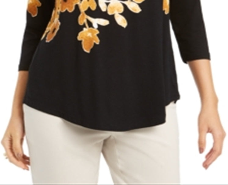 Top estampado feminino com decote redondo e estampa JM Collection, amarelo, tamanho X-S