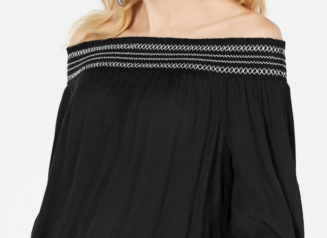 Blusa feminina com nervuras e manga 3/4, ombro de fora, preta, tamanho extrapequeno, da INC International Concepts