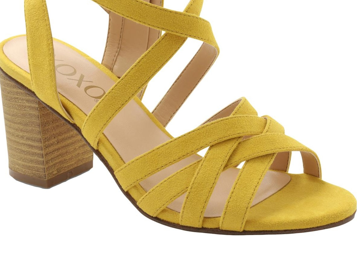Sandálias femininas XOXO Eden com tiras, bico redondo, salto bloco, zíper, amarelas, tamanho 8