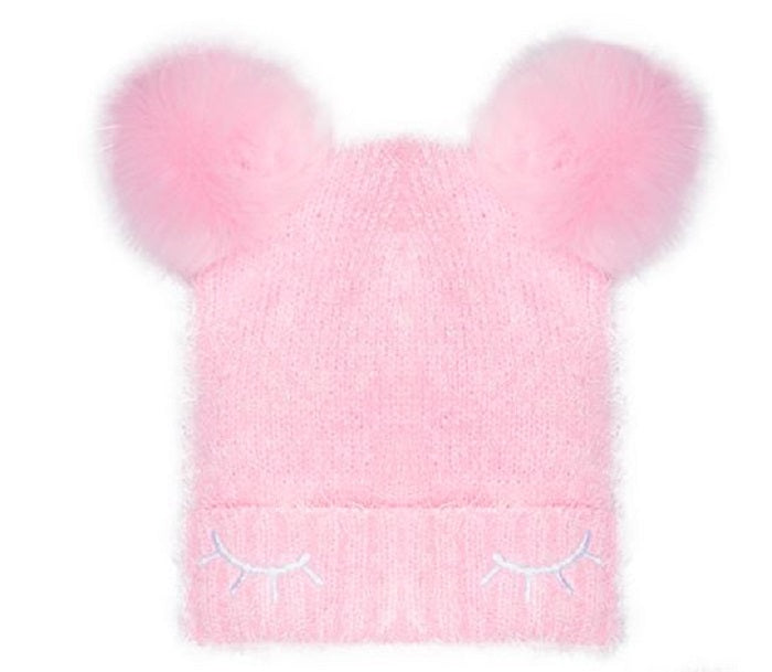 Conjunto de 2 peças de chapéu e luvas com pompons de pele sintética ABG Big Girl's, rosa, tamanho 7-14