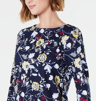 Charter Club Blusa feminina de algodão estampado com decote canoa, azul, tamanho 2XL