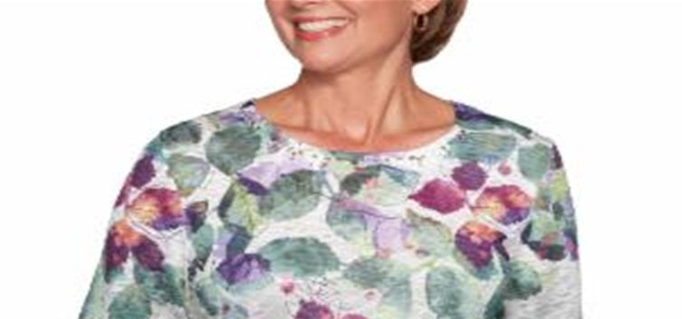 Camiseta feminina Alfred Dunner Loire Valley Falling Leaves, cinza, tamanho pequeno médio